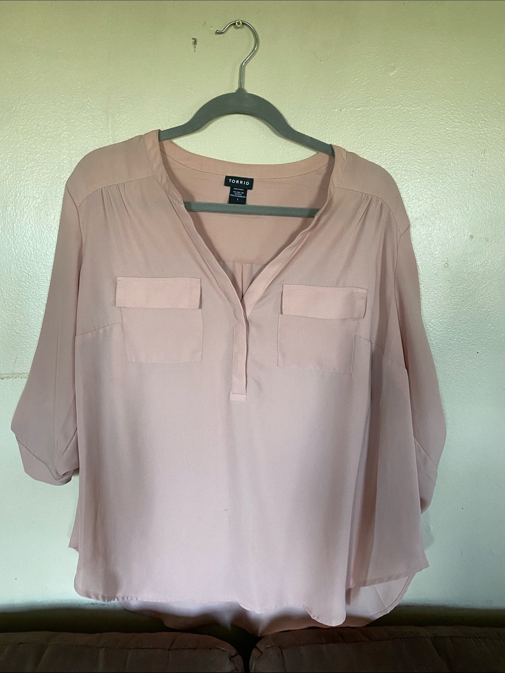 torrid soft pink split-neck blouse with chest pockets
